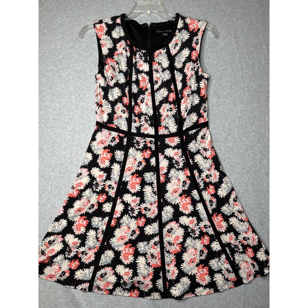 Madison Leigh Floral Fit and Flare Dress Black Pink Sleeveless Knee Length 12
